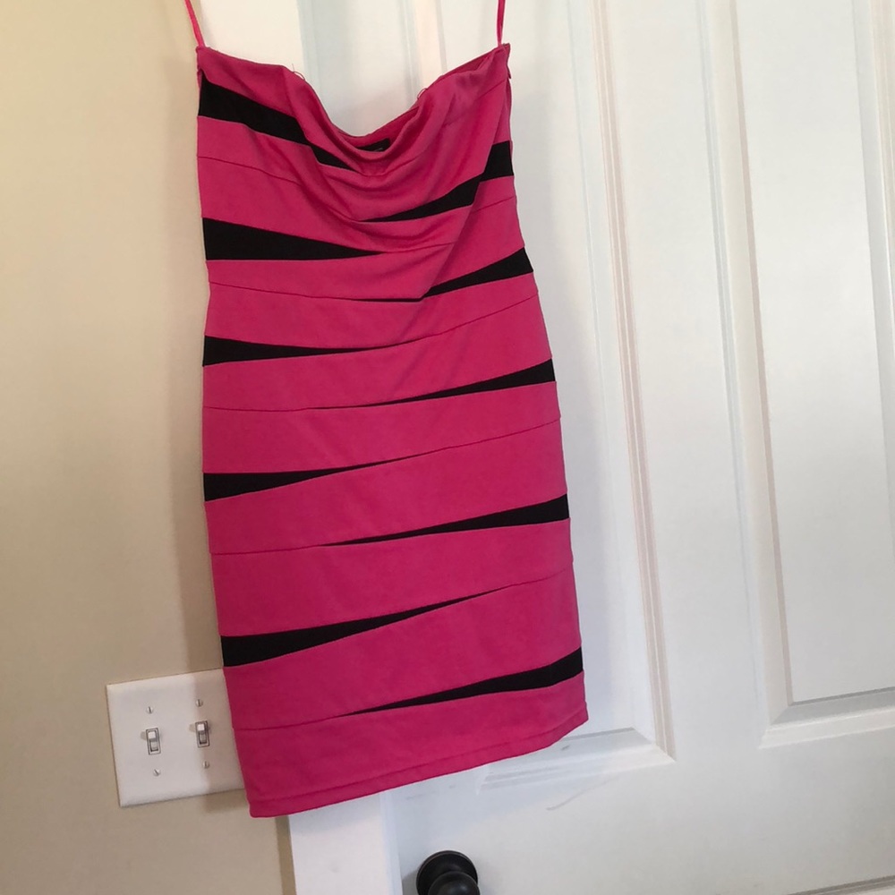 Hot pink and black strapless dress